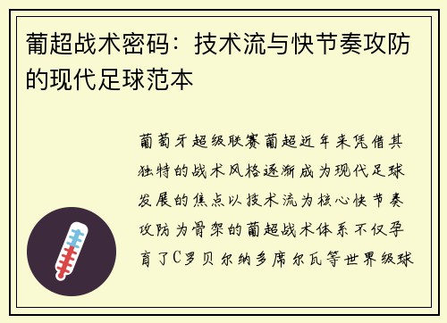 葡超战术密码：技术流与快节奏攻防的现代足球范本